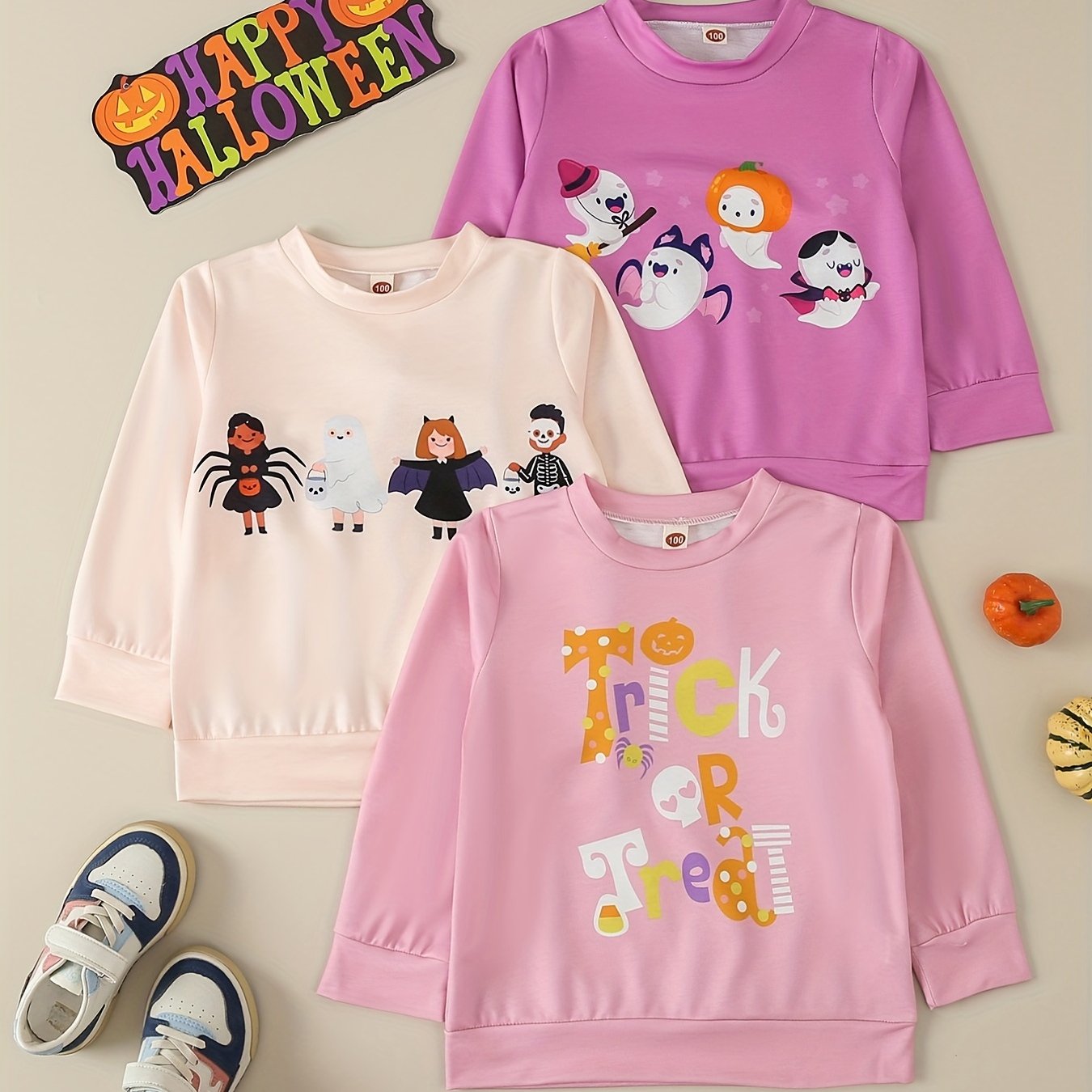 3pcs Toddler Girl Halloween Sweatshirts Comfy Long Sleeve Pullover Top