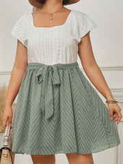 Casual Dress Colorblock Eyelet Embroidery Knot Front Square Neck Dress