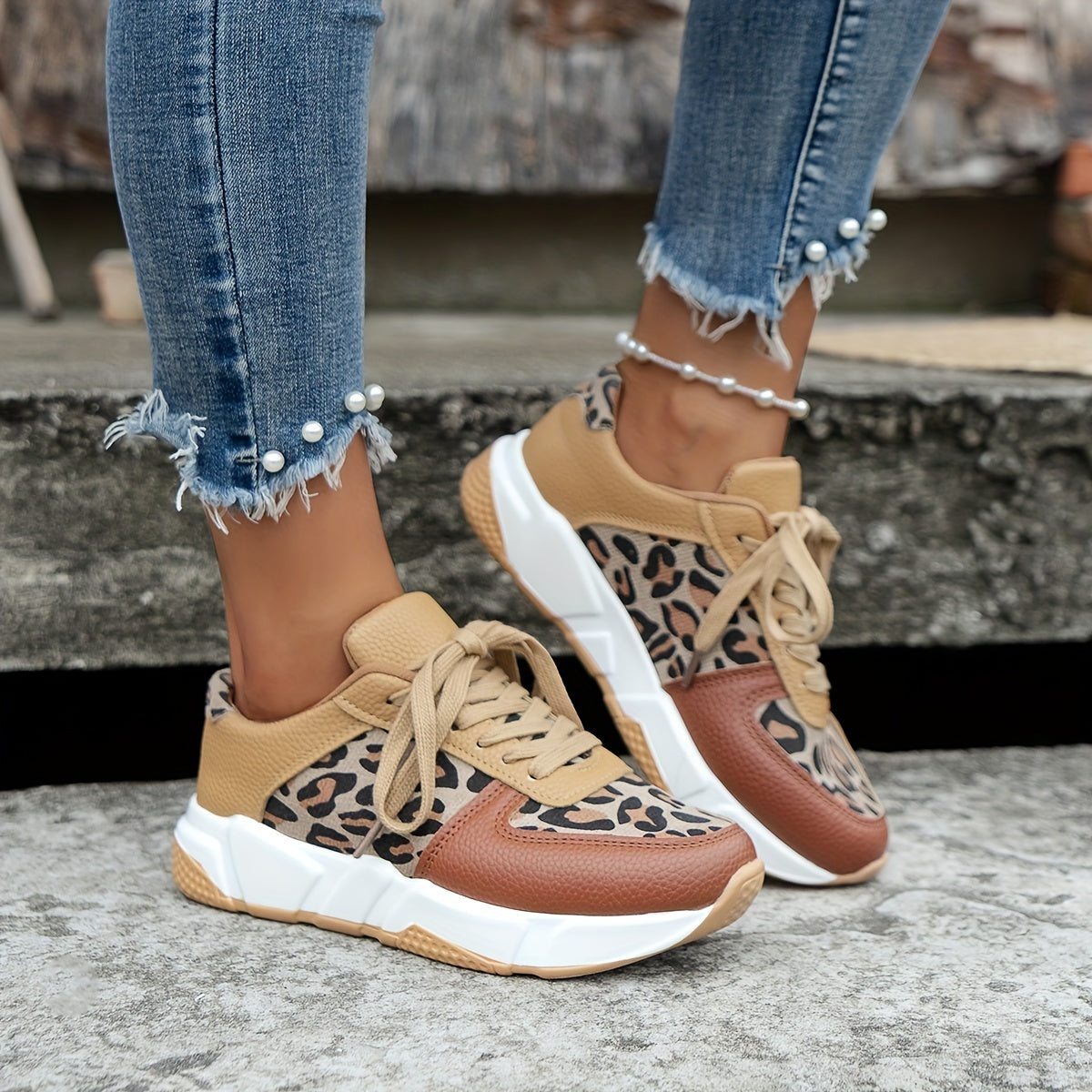 Leopard Print Platform Sports Shoes Lace Up Low Top Sneakers