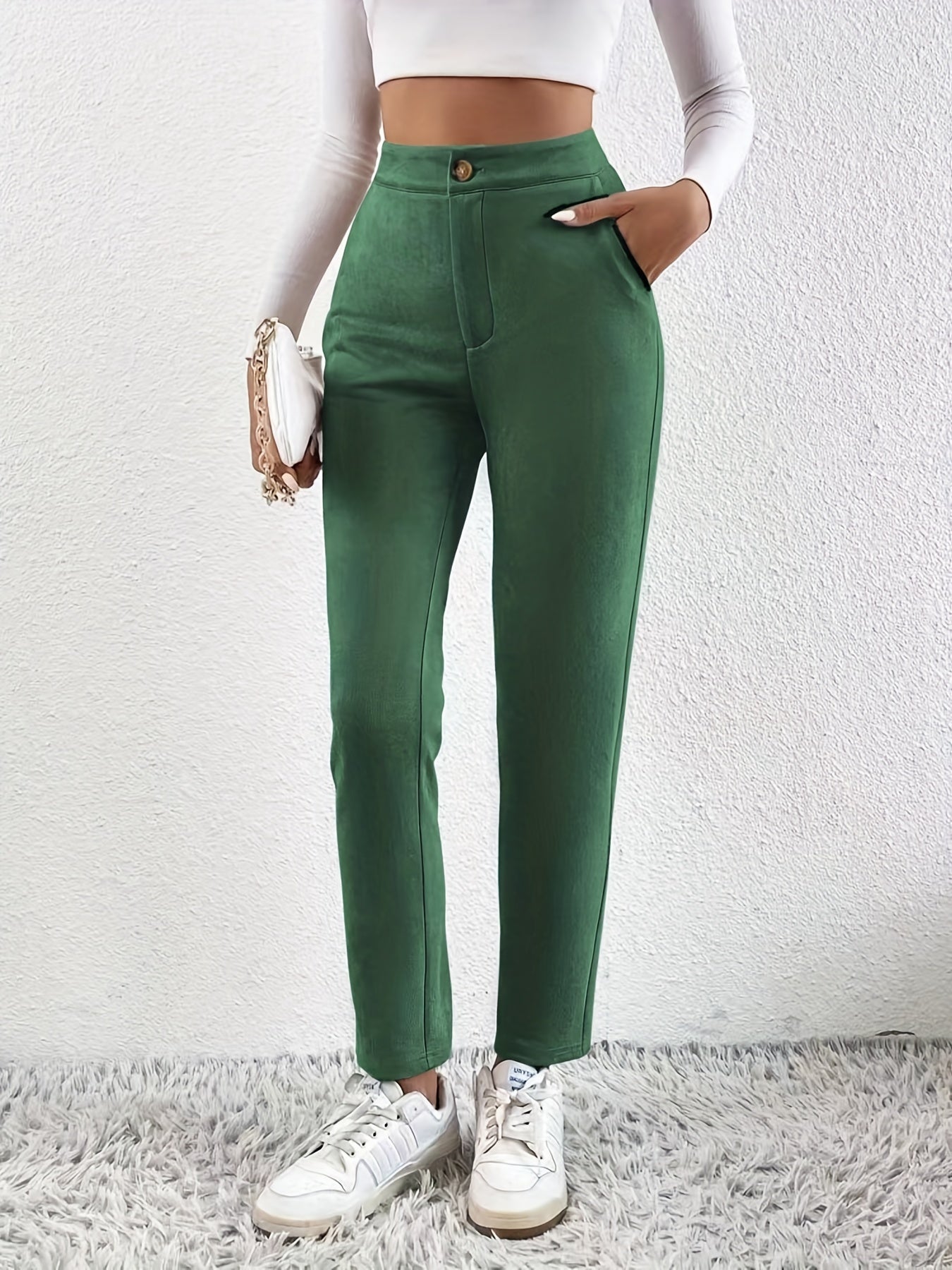 Solid High Waist Pants Casual Long Length Work Office Pants Women's Clothing