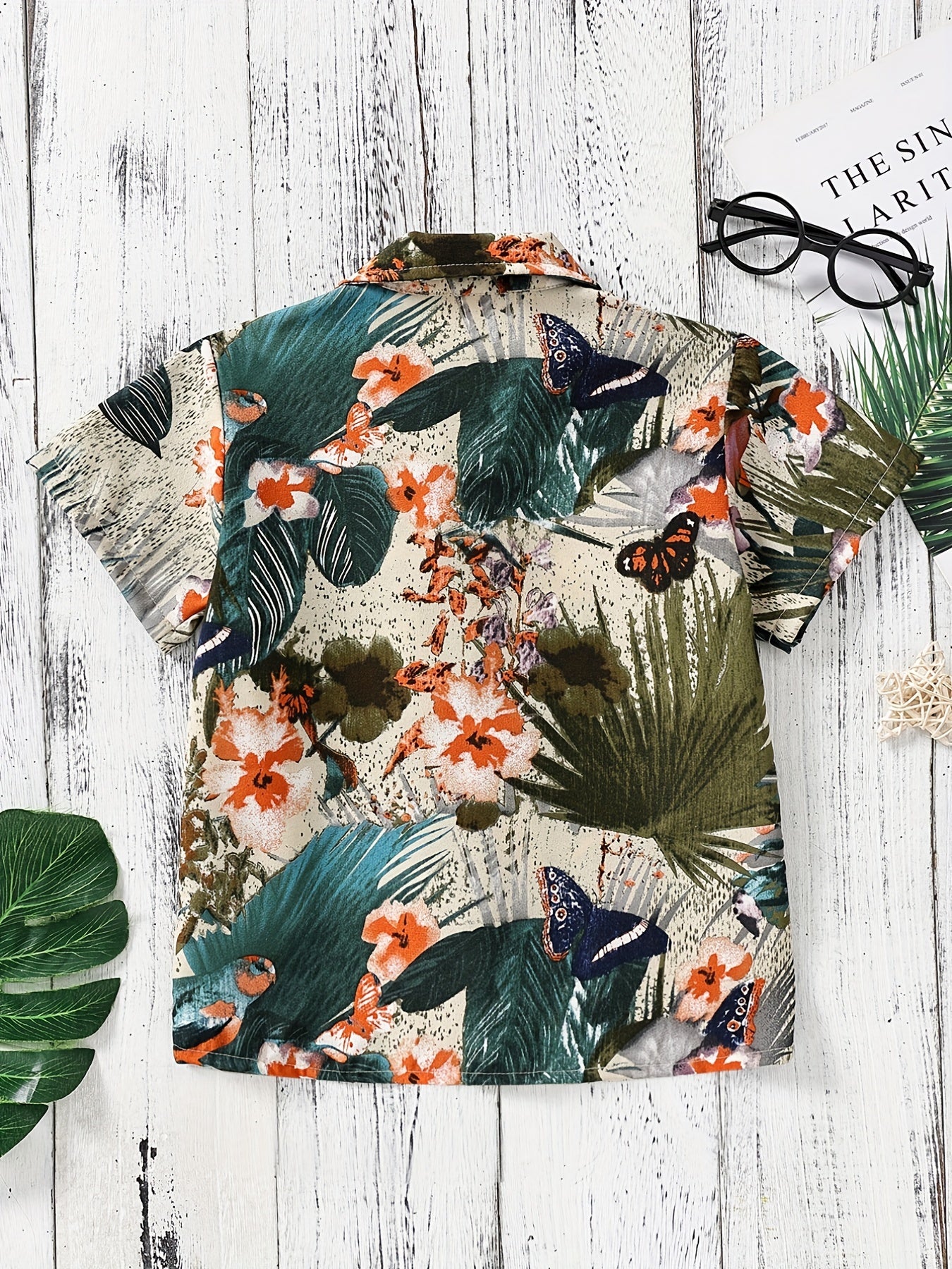Boys Bird Butterfly Leaves Print Short Sleeves Shirt