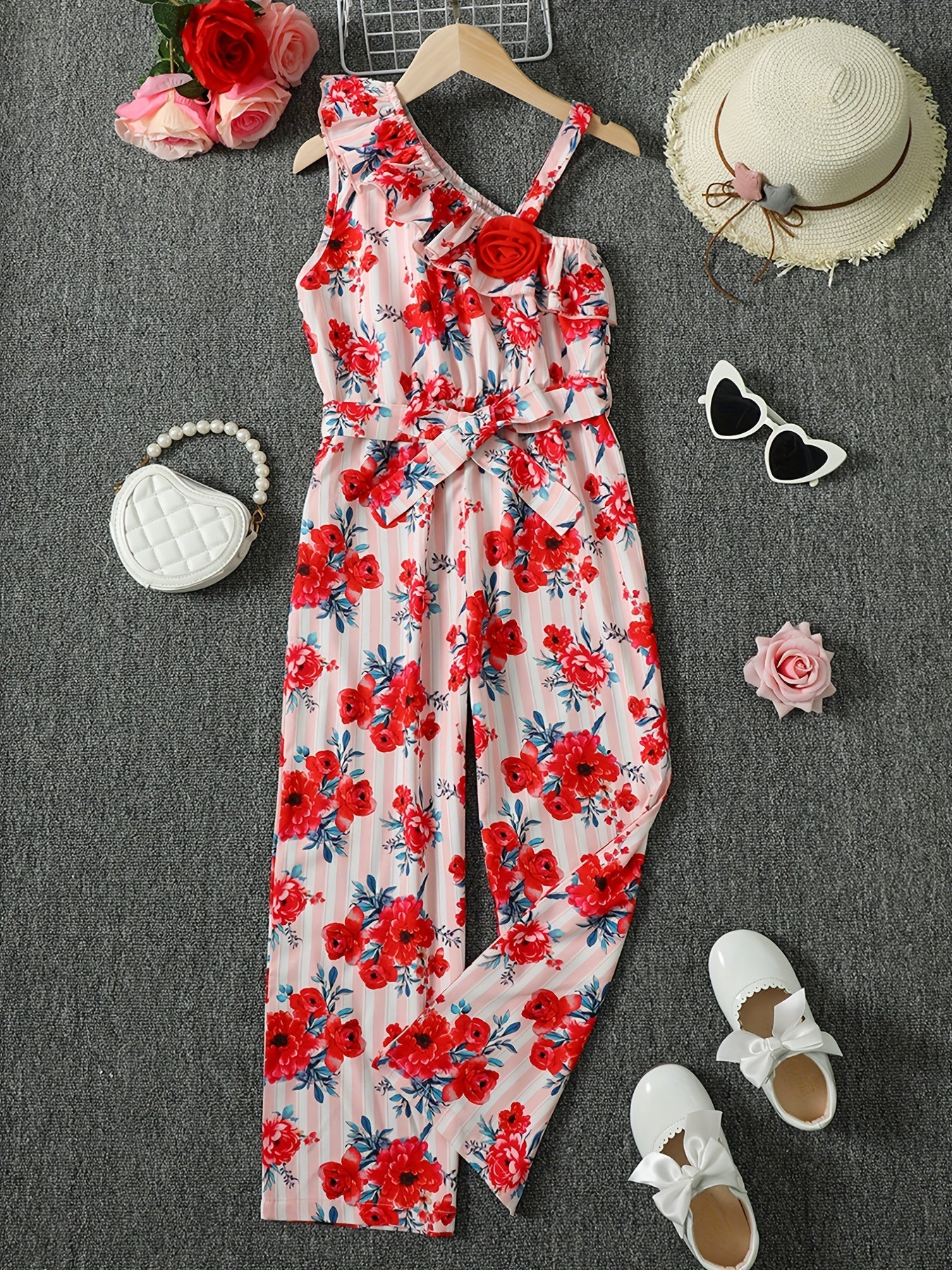 Girls Ruffle Trim Stripe Flowers Romper Jumpsuit For Beach Kids Summer Clothes