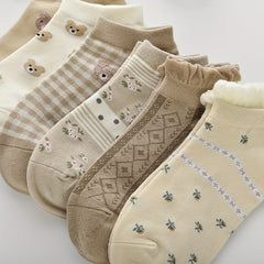 3 Pairs Floral & Bear Print Socks & Ankle Socks Women's Stoc