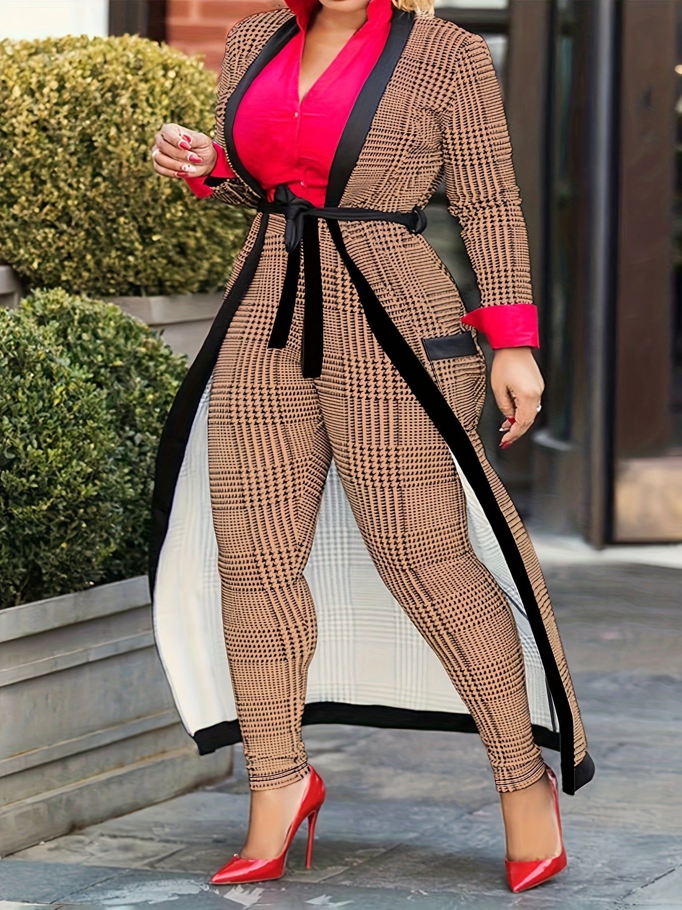 Houndstooth Cardigan & Skinny Pants Two Piece Set