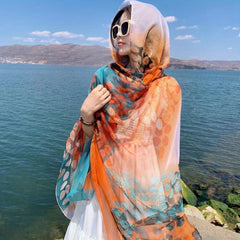 Leaf Print Scarf Orange Gauze Shawl Large Wrap