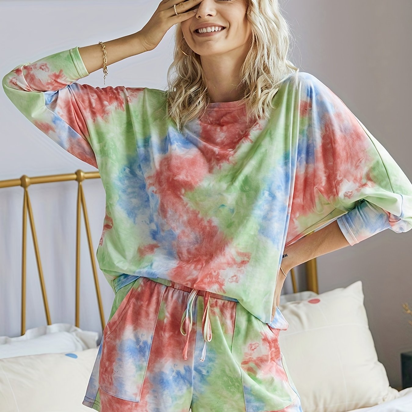 Tie Dye 2pc Set Long Sleeve Top & Drawstring Shorts