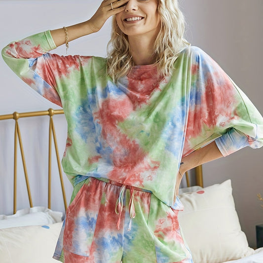 Tie Dye 2pc Set Long Sleeve Top & Drawstring Shorts