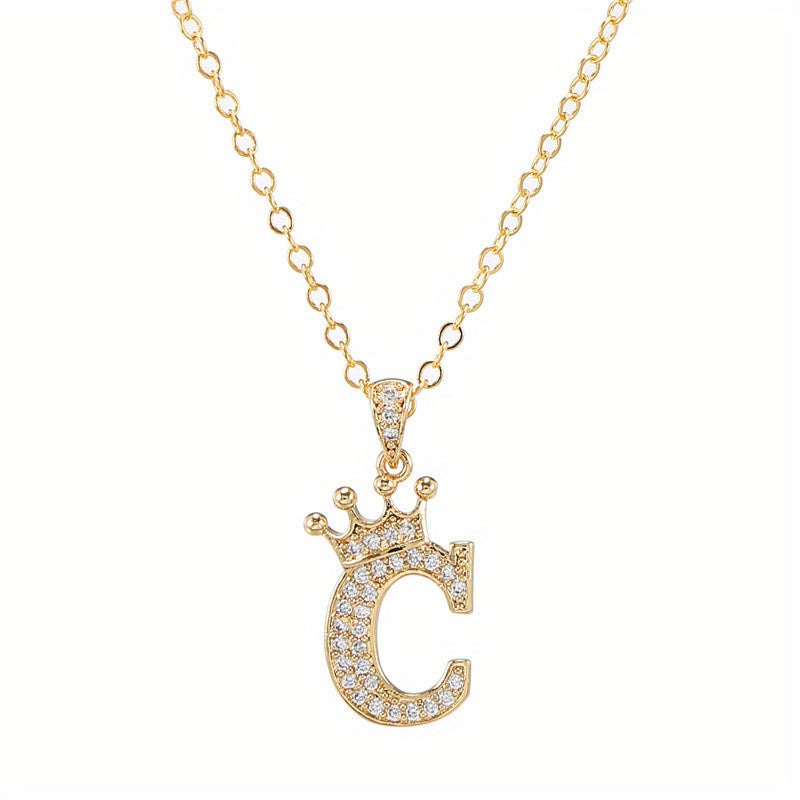 English Alphabet Crown Necklace Pendant with Zircon Inlay Clavicle Chain