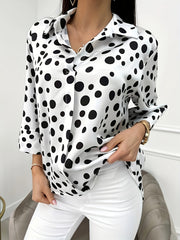 Polka Dot Print Button Up Blouse 3/4 Sleeve