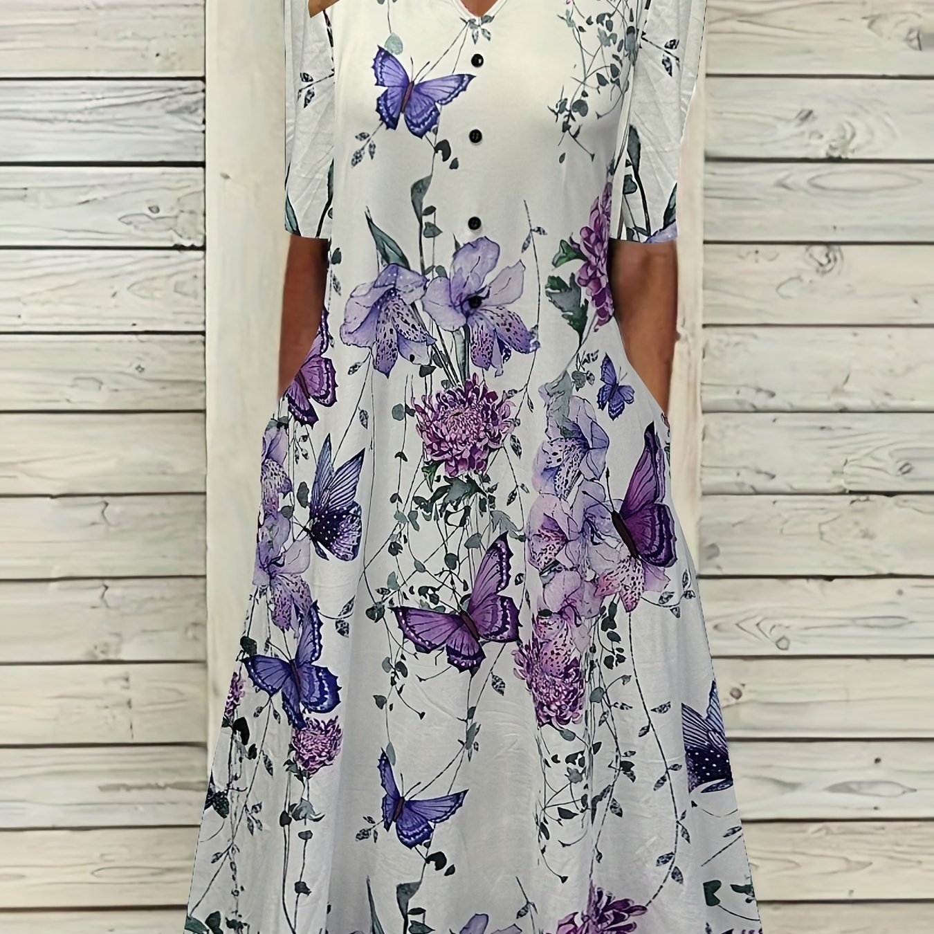 Butterfly & Floral Print Button Decor Midi Dress