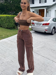 High Waist Flap Pockets Straight Leg Jeans Brown Slash Pockets Cargo Pants