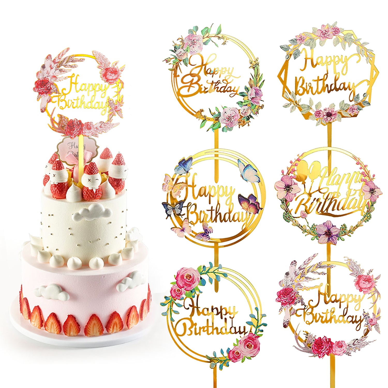 6pcs Patterned Acrylic Happy Birthday Cake Toppers for Party Decor