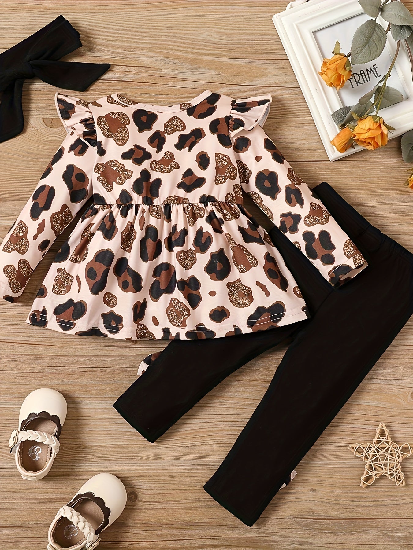 3pcs Baby Girls Leopard Print Sleeve Top Pants Set With Headband