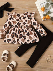 3pcs Baby Girls Leopard Print Sleeve Top Pants Set With Headband