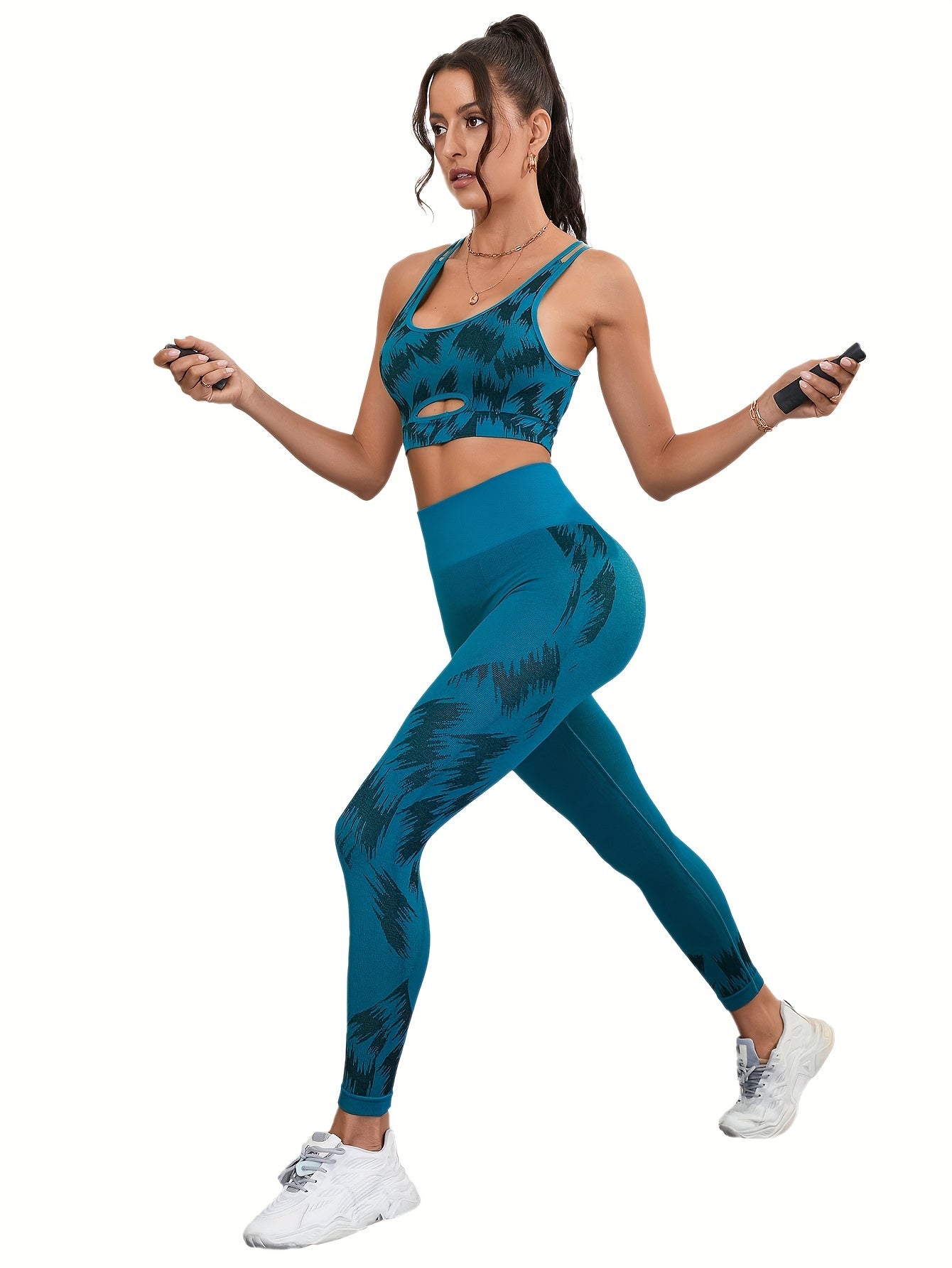 Print Hollow Yoga Fitness Bra & High Waist Hip Lift Fitness Leggings