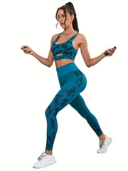 Print Hollow Yoga Fitness Bra & High Waist Hip Lift Fitness Leggings