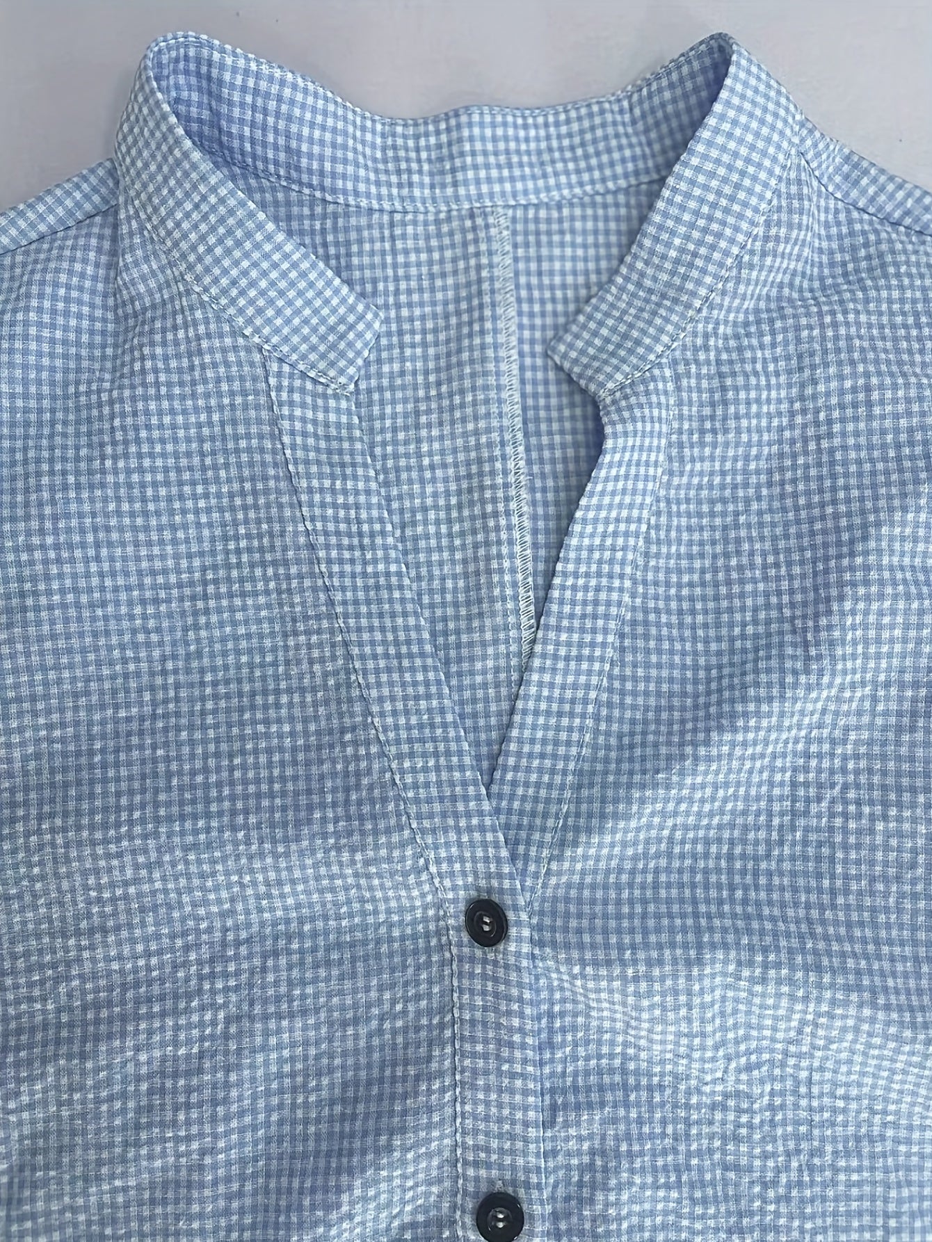 Plaid Print Button Up Three Quarter Sleeve Mock Neck Smock Dress