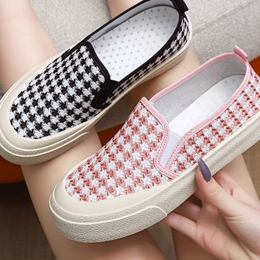 Women's Houndstooth Slip On Canvas Shoes Round Toe Flat Non-slip Casual Shoes