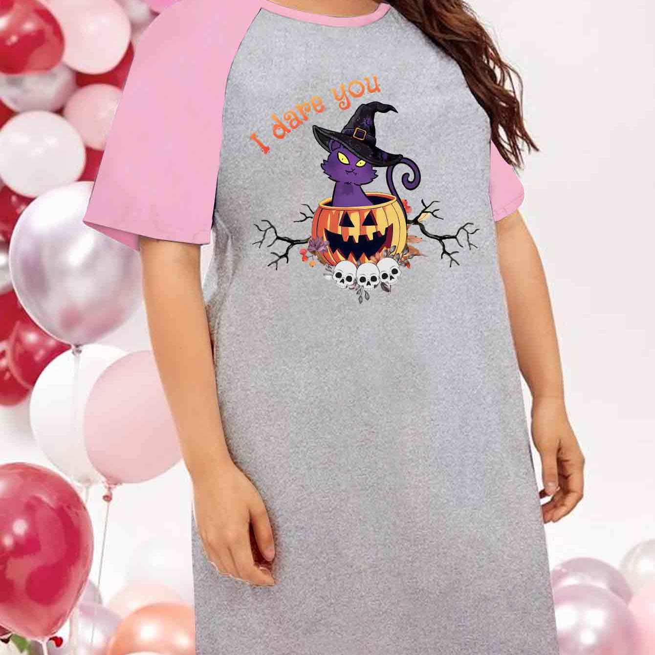 Halloween Nightdress Women's Plus Pumpkin & Cat Print Raglan