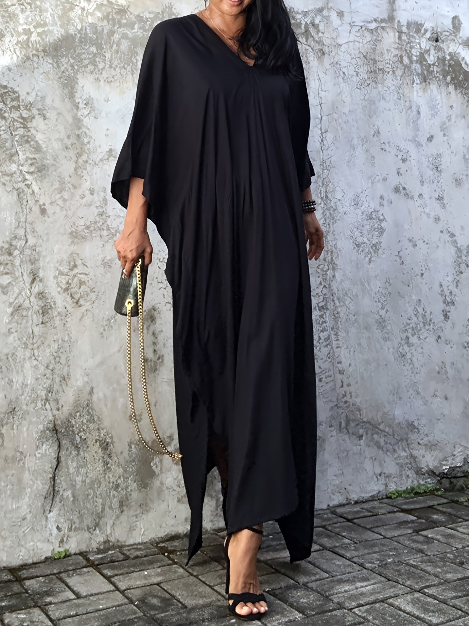 Boho Cover Up Women's Plus Solid Batwing Sleeve V Neck Split Maxi