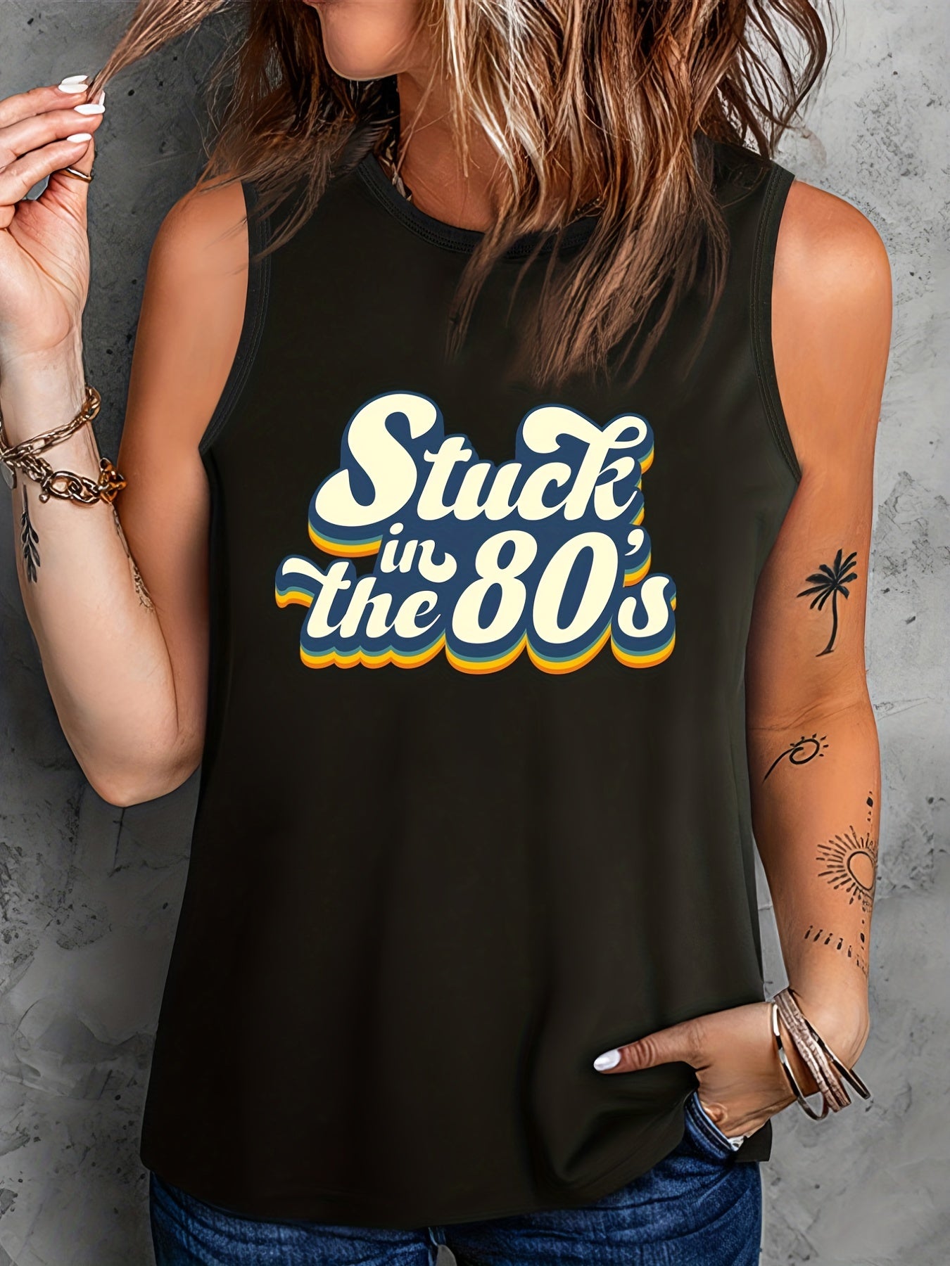 Plus Size Women's Slogan Print Casual Tank Top