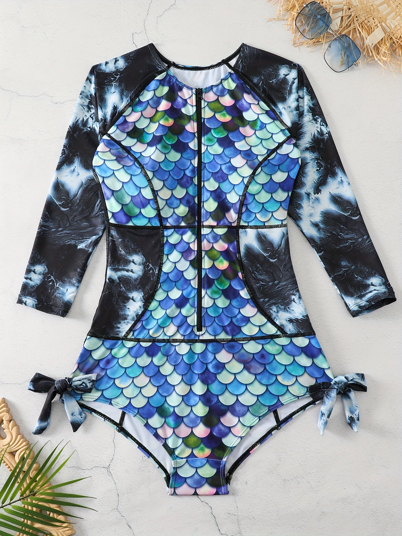 Fish Scales Long Sleeve Zip Up Surfing One Piece