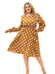 Dot Print Long Lantern Sleeve Midi Dress Women's Plus Round Neck Dress