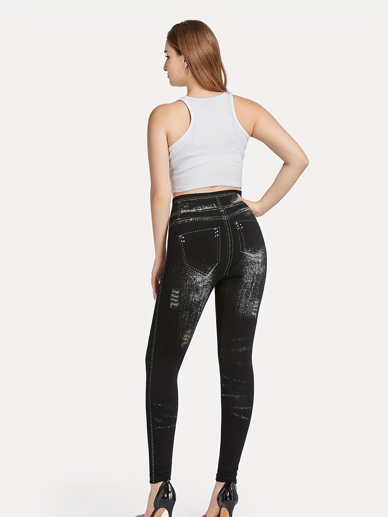 Denim Print High Waisted Leggings Casual Skinny Leggings