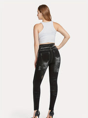 Denim Print High Waisted Leggings Casual Skinny Leggings