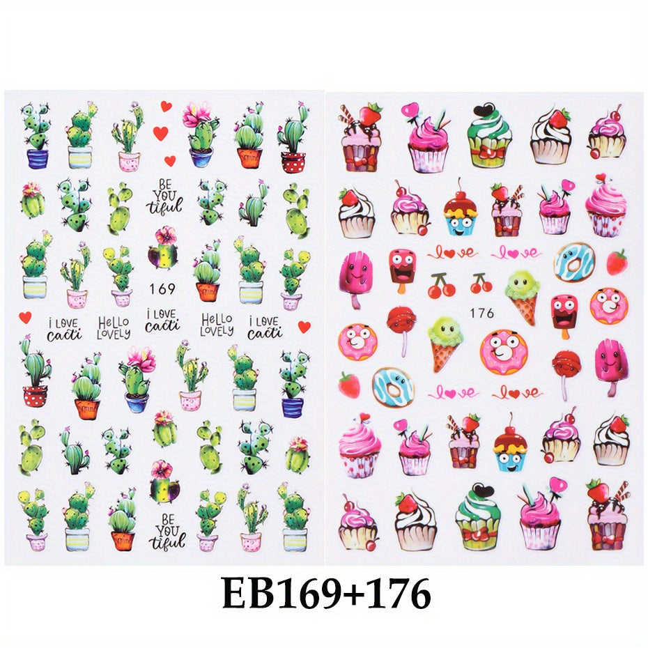 Green Succulent Plants 3D Nail Sticker Cactus Mushroom Summer Decals