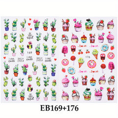 Green Succulent Plants 3D Nail Sticker Cactus Mushroom Summer Decals