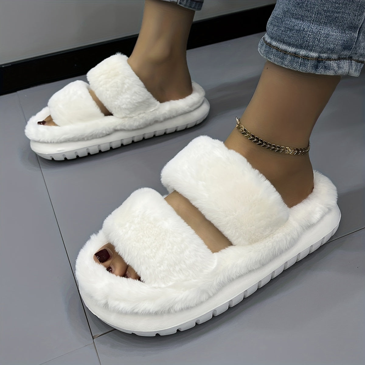 Women's Fuzzy House Slippers Warm & Comfy Open Toe Indoor Shoes Non Slip