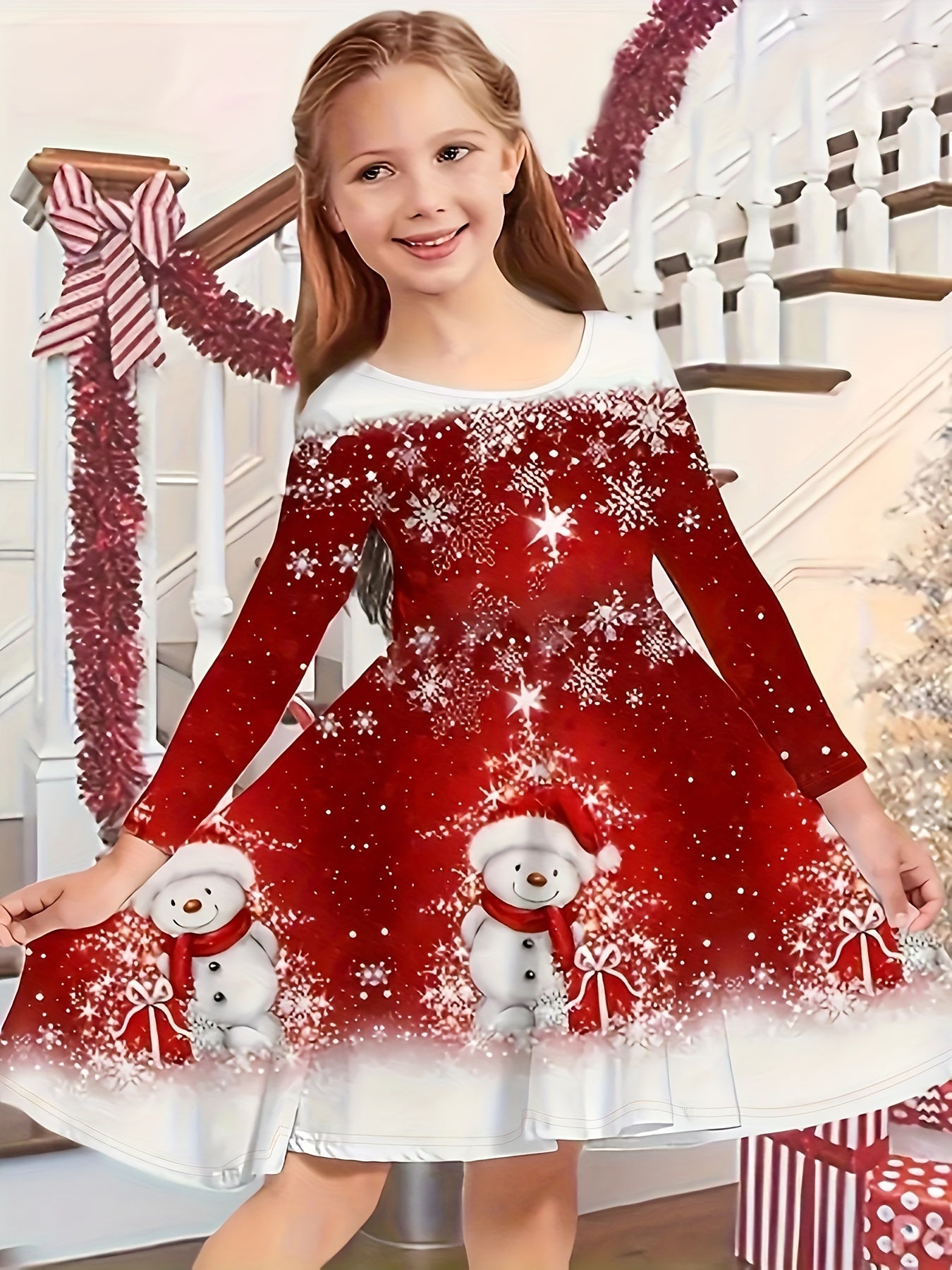 Snowman Graphic Long Sleeve Dress Girls Spring Fall Christmas Gift Party