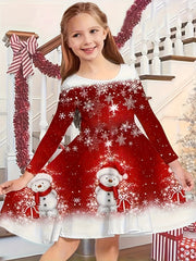 Snowman Graphic Long Sleeve Dress Girls Spring Fall Christmas Gift Party