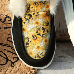 Sunflower Print Furry Snow Boots Plush Lined Warm Loafers