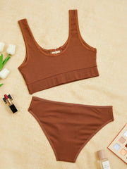 Ribbed Lingerie Set Wide Straps Bra & Heart Ring Panties