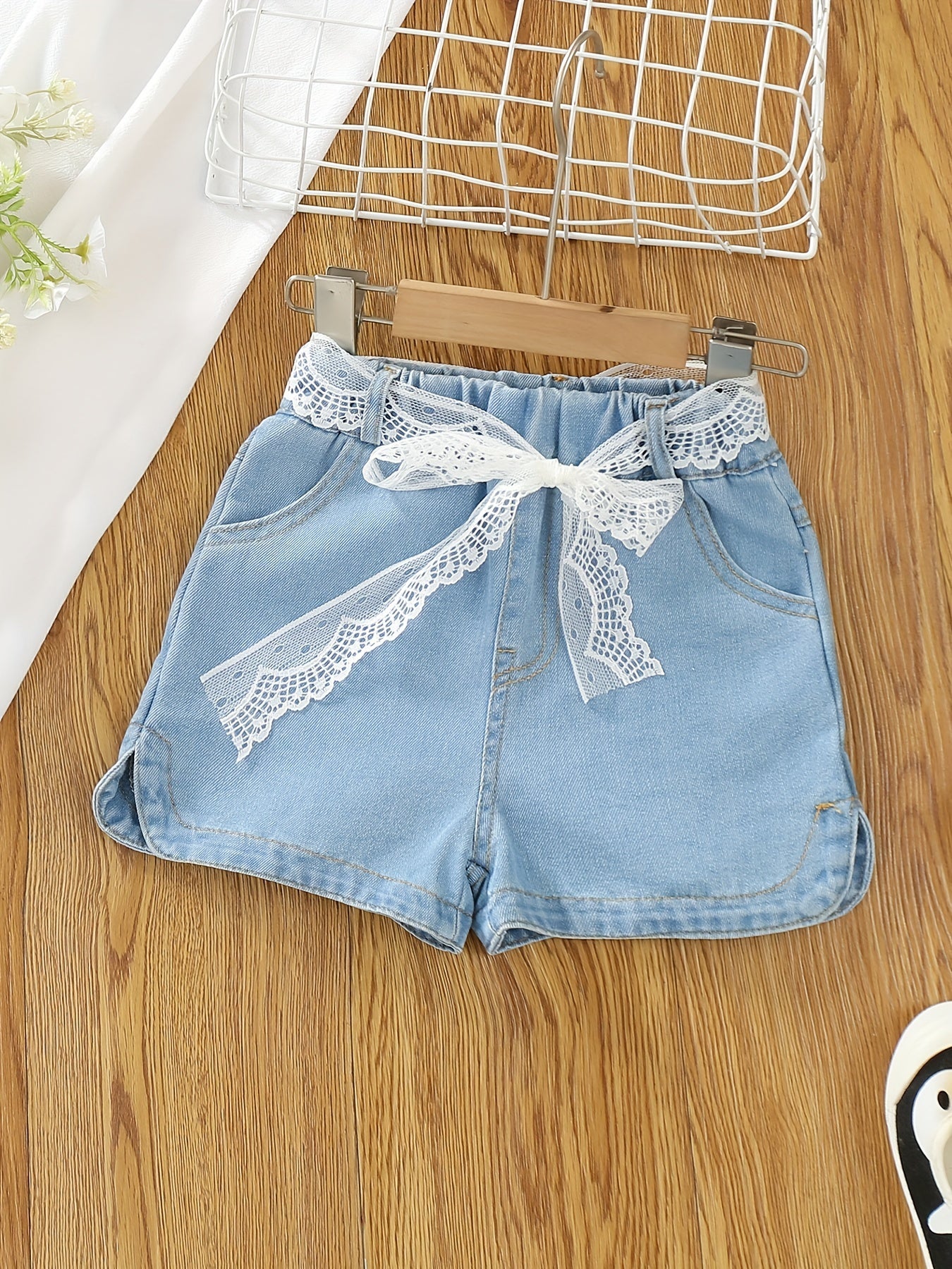 Girls Denim Shorts with Lace Belt for Summer
