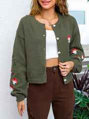 Mushroom Embroidery Knit Cardigan Button Front Long Sleeve Sweater