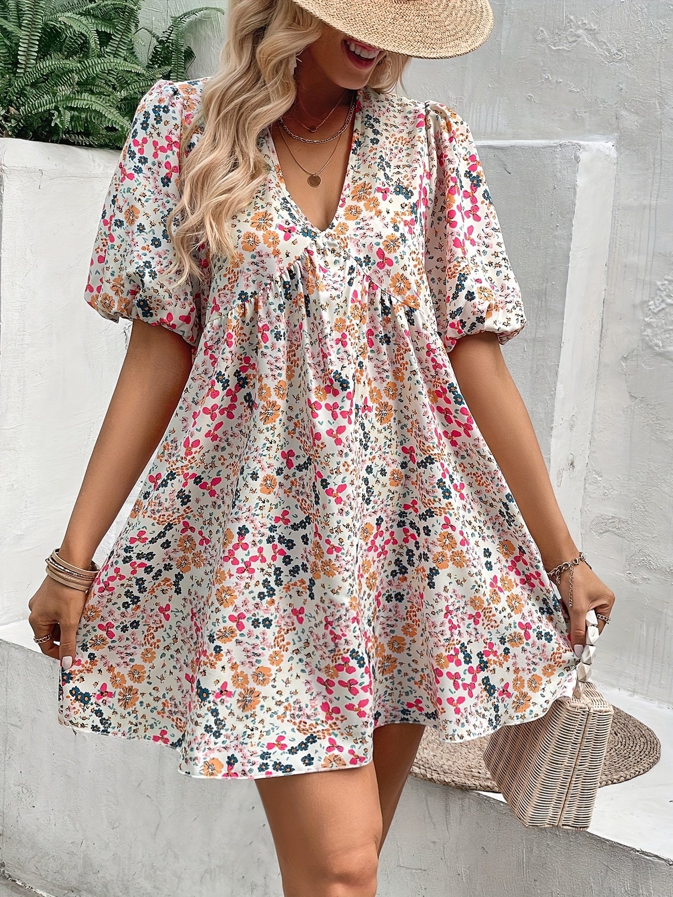 Floral Print V Neck Dress Lantern Sleeve Mini Dress