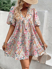 Floral Print V Neck Dress Lantern Sleeve Mini Dress