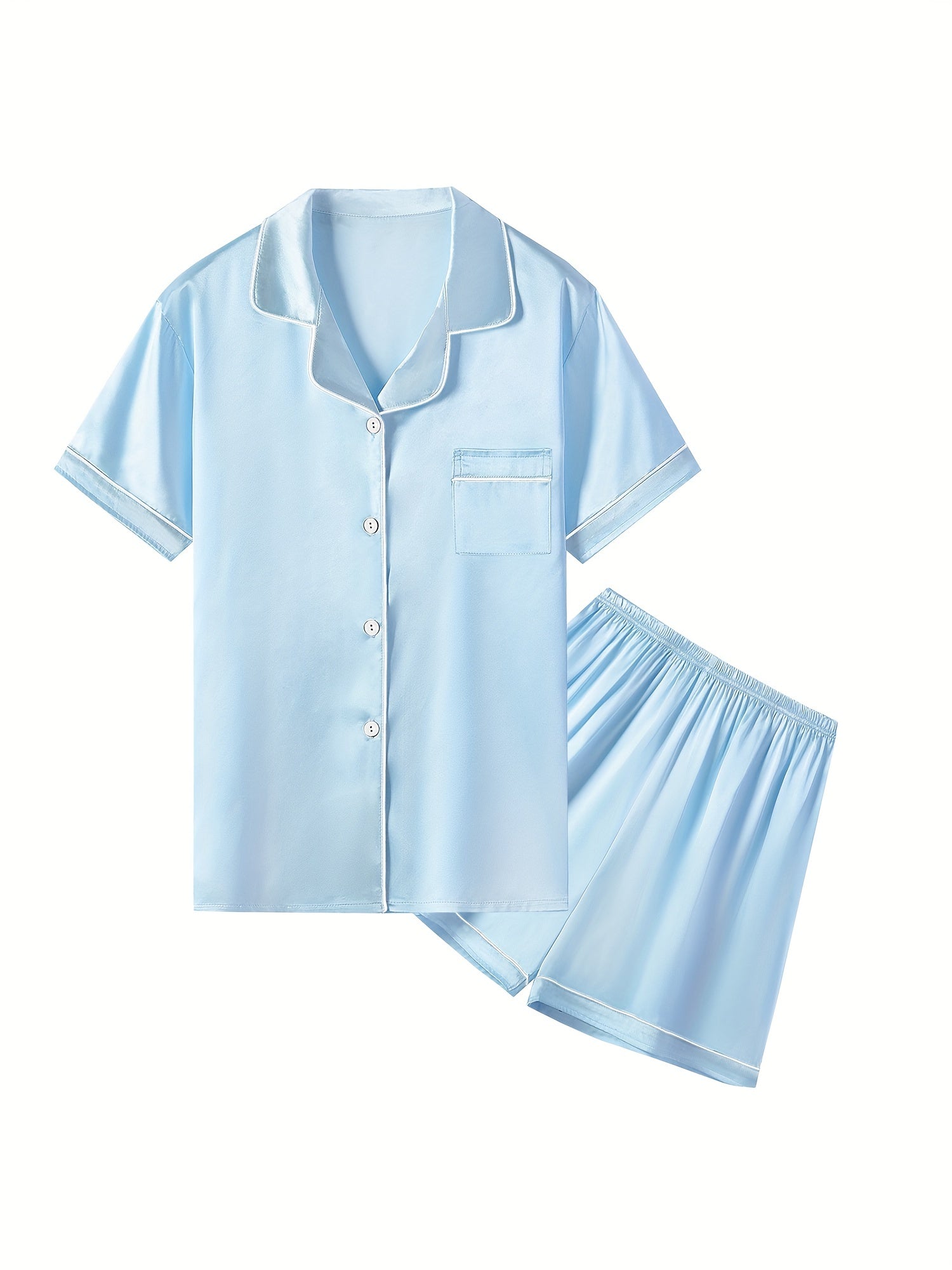 Soft Satin Pajama Set Button Down Top with Shorts