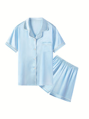 Soft Satin Pajama Set Button Down Top with Shorts