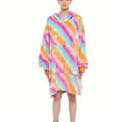 Flannel Hooded Robe Women's Rainbow Striped Warm Nightgown