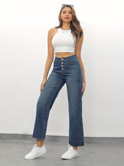 High Rise Loose Fit Jeans Button Fly Whiskering Washed Denim Pants