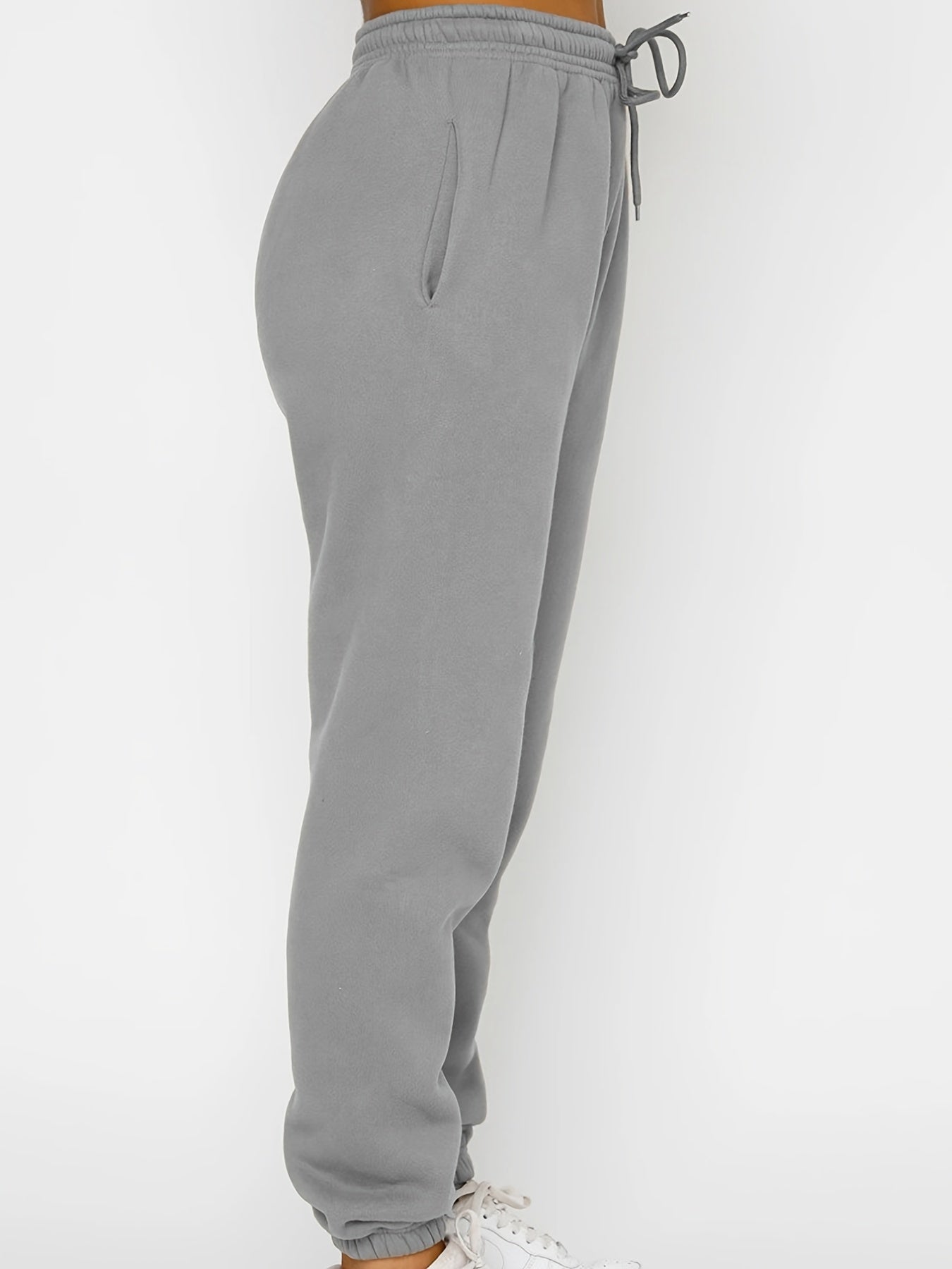 2pcs Solid Suits Crew Neck Sweatshirt & Drawstring High Waist