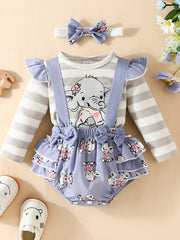 2pcs Baby Girls Lace Sleeves Elephant Top And Skirt Suit