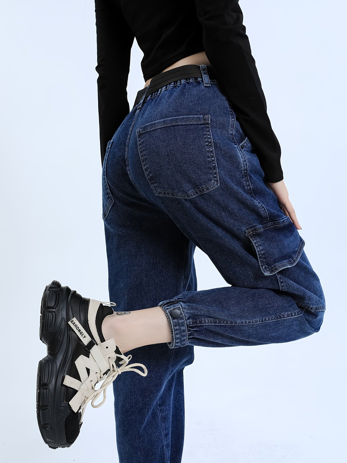 Cargo Pants Elastic Waist Cropped Jogger Pants Women's Denim Jeans