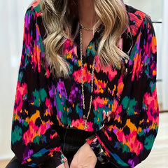 Tie Dye Lantern Sleeve V Neck Top