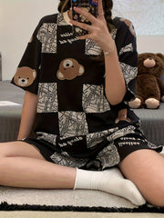 Bear Print Plaid Pajama Set Short Sleeve Top & Shorts