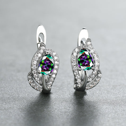 Multicolor Zirconia Stone Hoop Earrings, Leaf Crystal Silver Wedding Jewelry